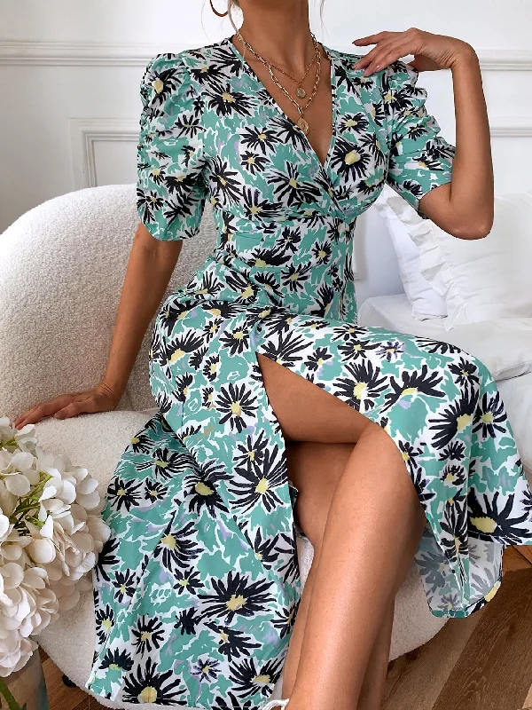 All Over Print Split Thigh Short Sleeve V Neck Slit High Waist Long Dress