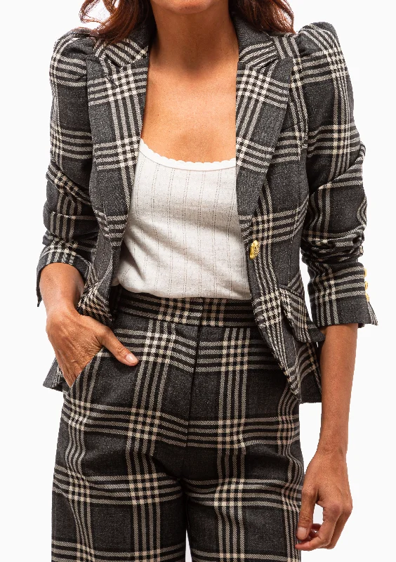 Pouf Sleeve One Button Blazer | Charcoal Plaid