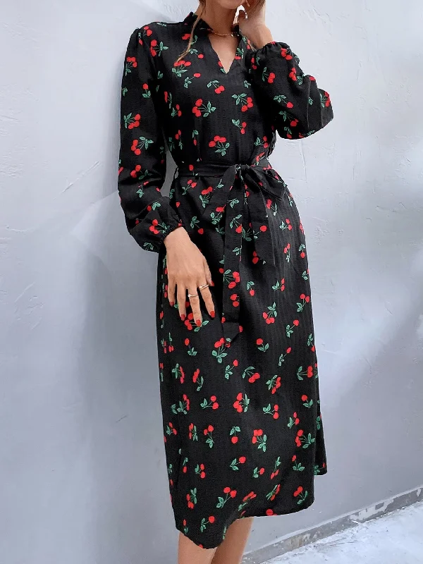 All Over Print Belted Long Sleeve Notched Straight High Waist Long Dress