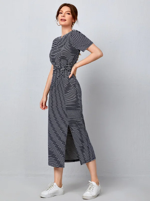 Striped Split Thigh Short Sleeve Round Neck Slit Natural Long Dress