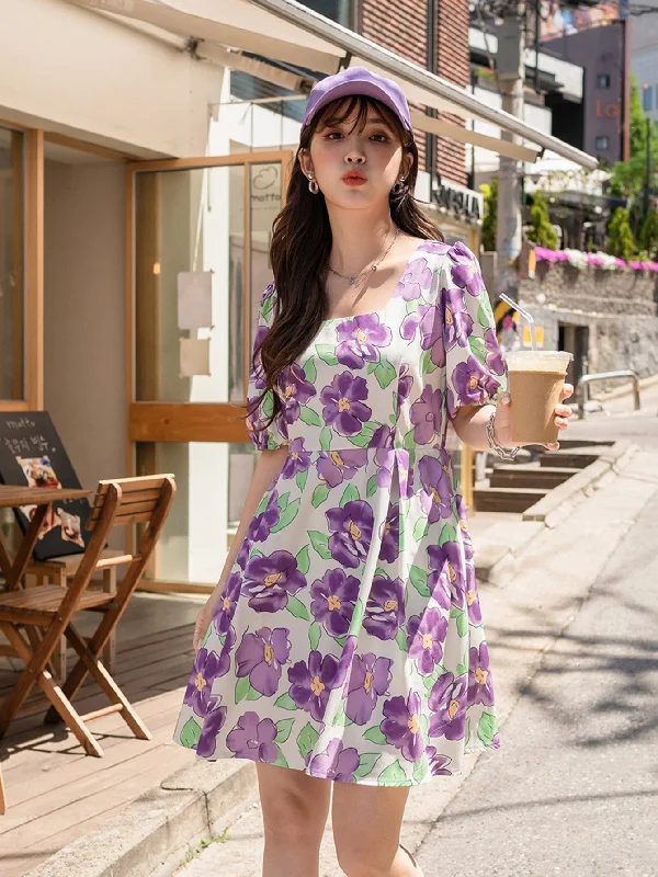 All Over Print Short Sleeve Square Neck Flared High Waist Short Dress