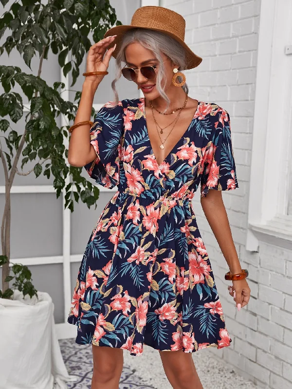 Tropical Ruffle Short Sleeve Deep V Neck Flared High Waist Short Dress