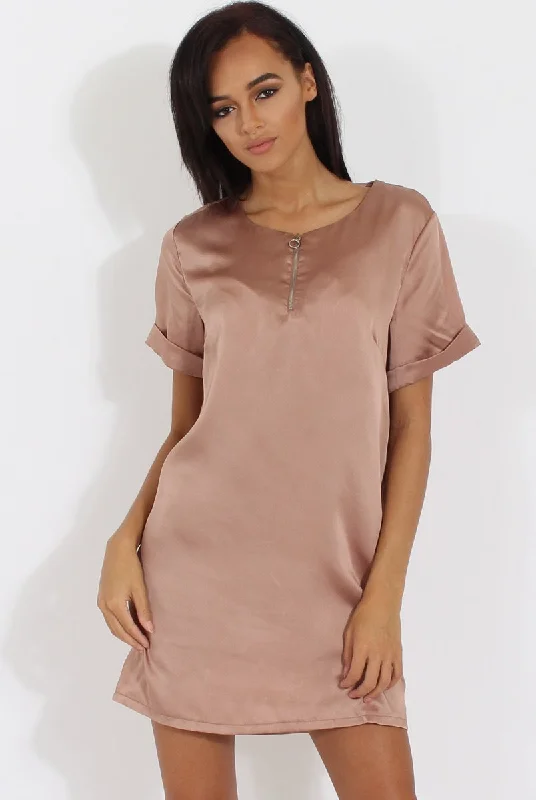 Champagne Satin Zip Tee Dress - Valeria