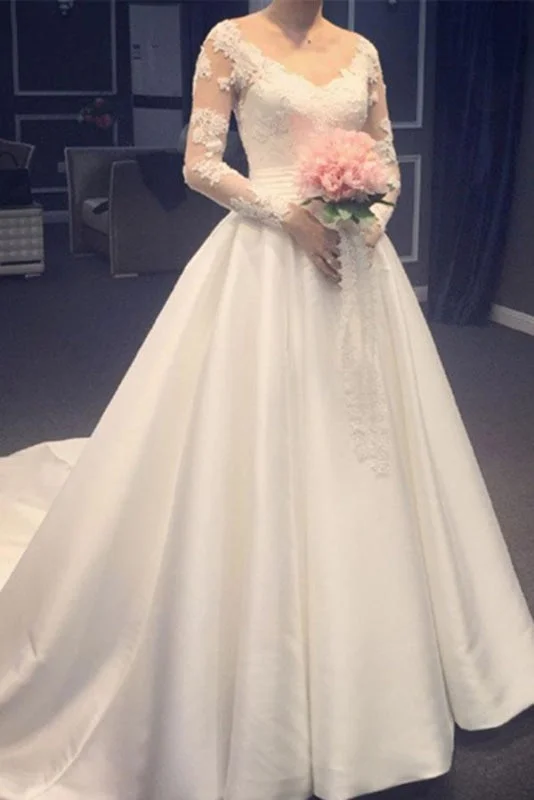 Elegant A Line V-Neck Appliques Long Sleeves Wedding Dress