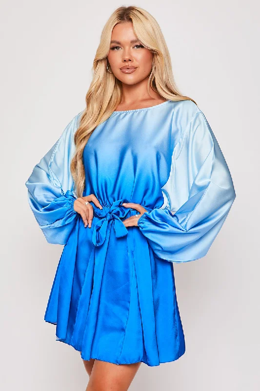 Penelope - Blue Two Tone Satin Long Sleeve Mini Dress