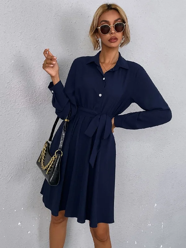 Plain Button Front Long Sleeve Collar Flared High Waist Short Dress