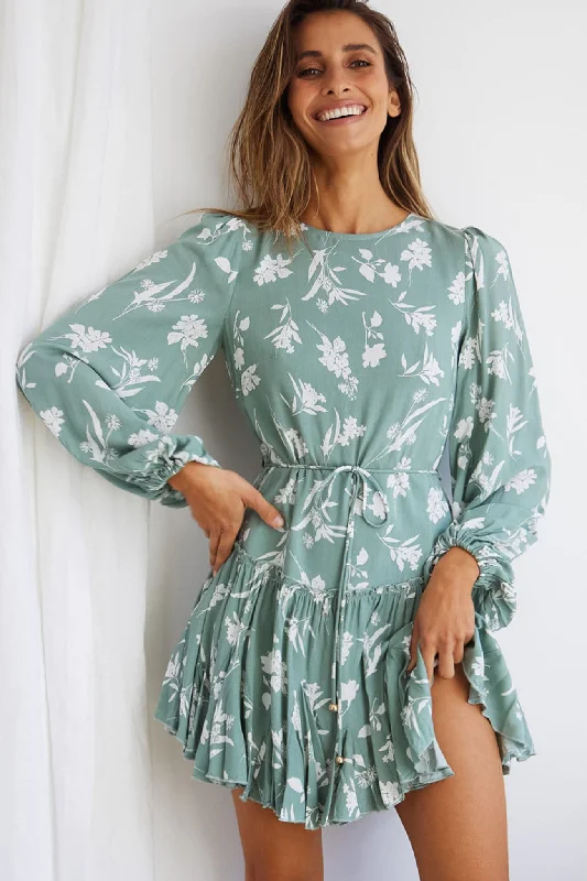 Rosabel Balloon Sleeve Fluted Hem Dress Botanic Print Sage