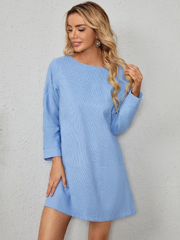 Plain Pocket Long Sleeve Round Neck Straight Natural Short Dress