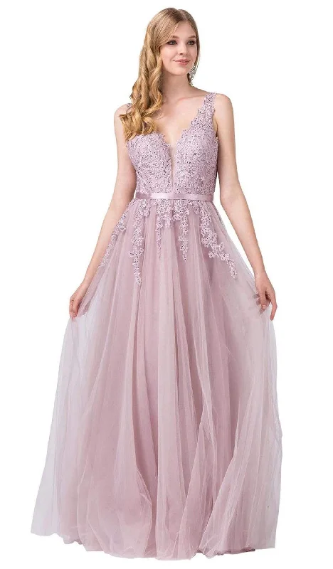 Dancing Queen - 2596 Illusion Plunging Neck Floral Applique Tulle Gown