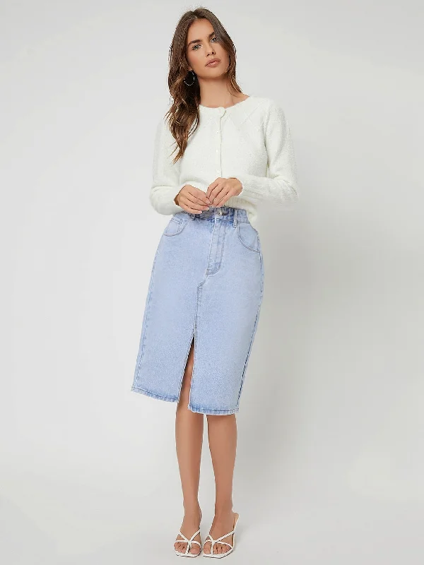 Plain Zipper High Waist Knee Length Women Denim Skirts