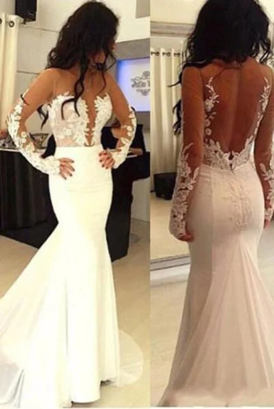 Sexy Mermaid Open Back Long Sleeve Wedding Dress