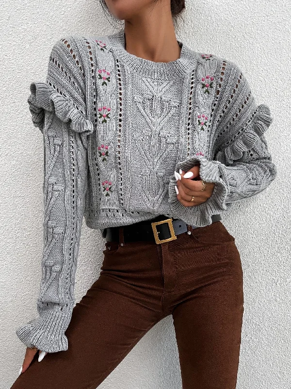 Casual Floral Ruffle Long Sleeve Round Neck Regular Women Sweater