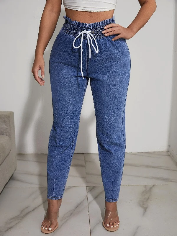 Plain Paper Bag Waist High Waist Long Women Jeans