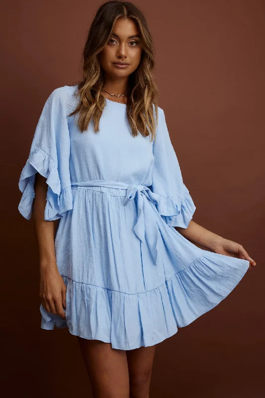 Joni Batwing Sleeve Waist Tie Dress Ruffle Blue