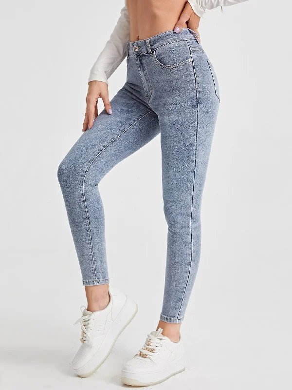 Plain Zipper High Waist Cropped Women Jeans