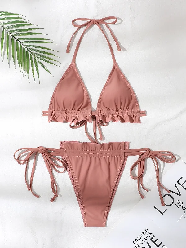 Sexy Plain Ruffle Halter Women Bikini Sets