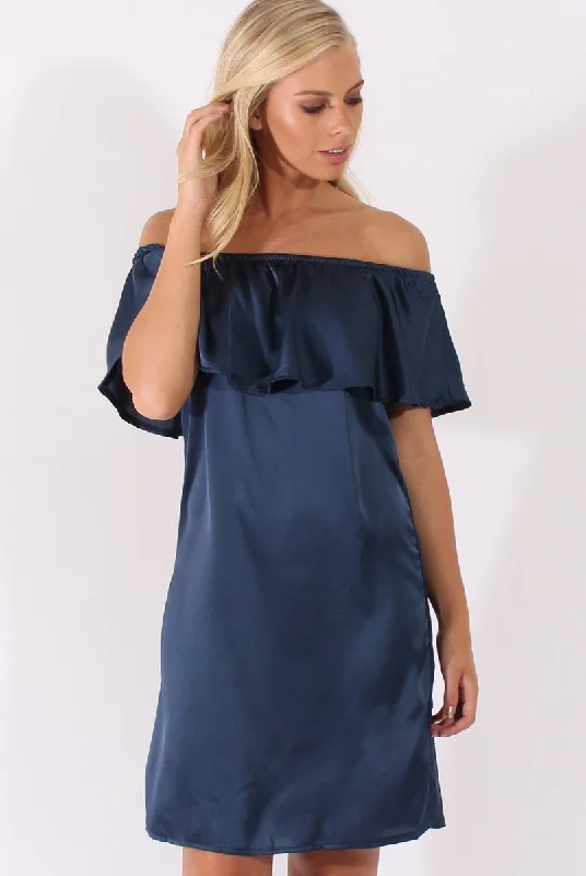 Navy Satin Bardot Frill Dress - Alura