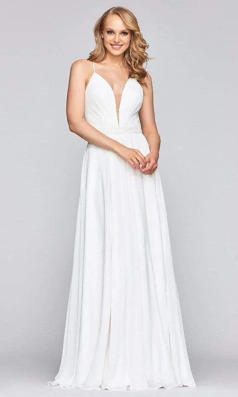 Faviana - S10435 Illusion Plunging V Neck Beaded Waist A-Line Dress