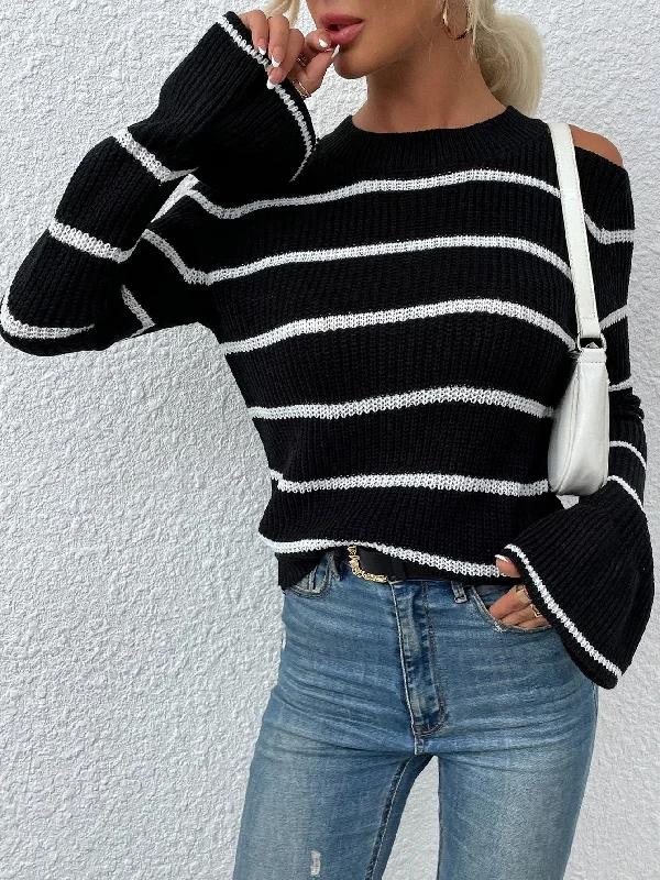 Casual Striped Long Sleeve Cold Shoulder Long Women Sweater