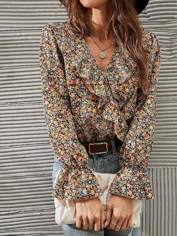 Boho Ditsy Floral Wrap Long Sleeve V Neck High Waist Women Bodysuit