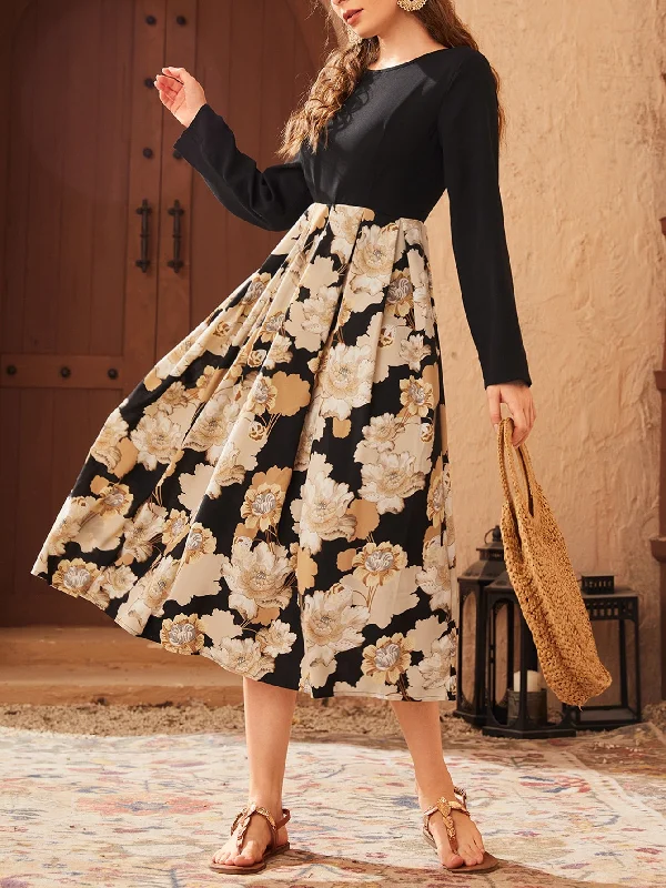 Floral Long Sleeve Round Neck Flared High Waist Midi Dress