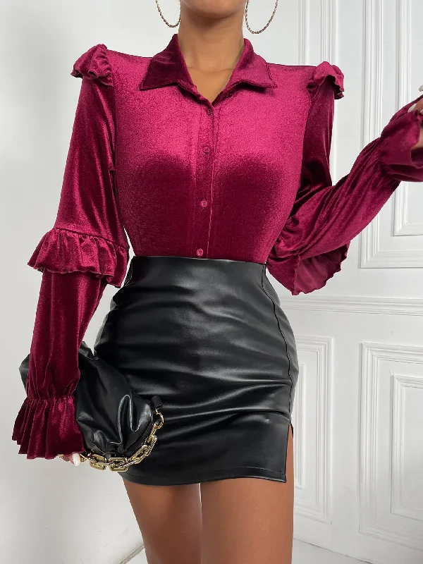 Elegant Plain Button Front Long Sleeve Collar Regular Blouse