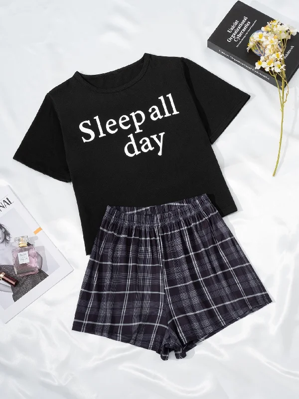 Cute Slogan Short Sleeve Round Neck Women Pajama Sets