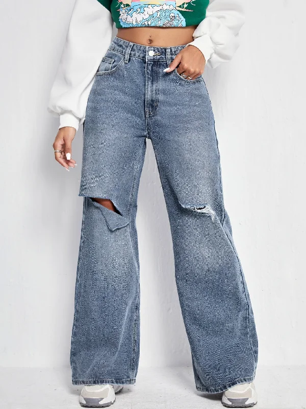 Plain Zipper Natural Long Women Jeans