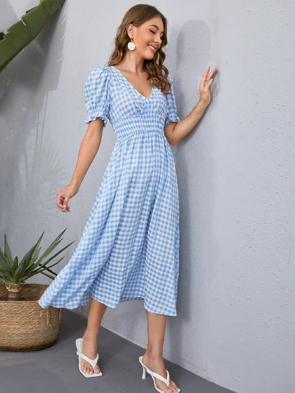 Gingham Ruched Bust Short Sleeve V Neck Flared High Waist Long Dress