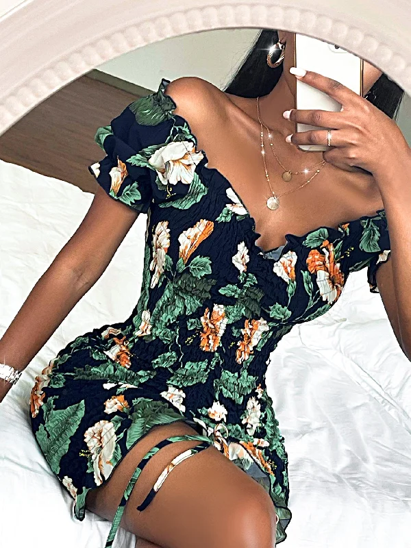 All Over Print Shirred Short Sleeve Off The Shoulder Asymmetrical Natural Short Dress