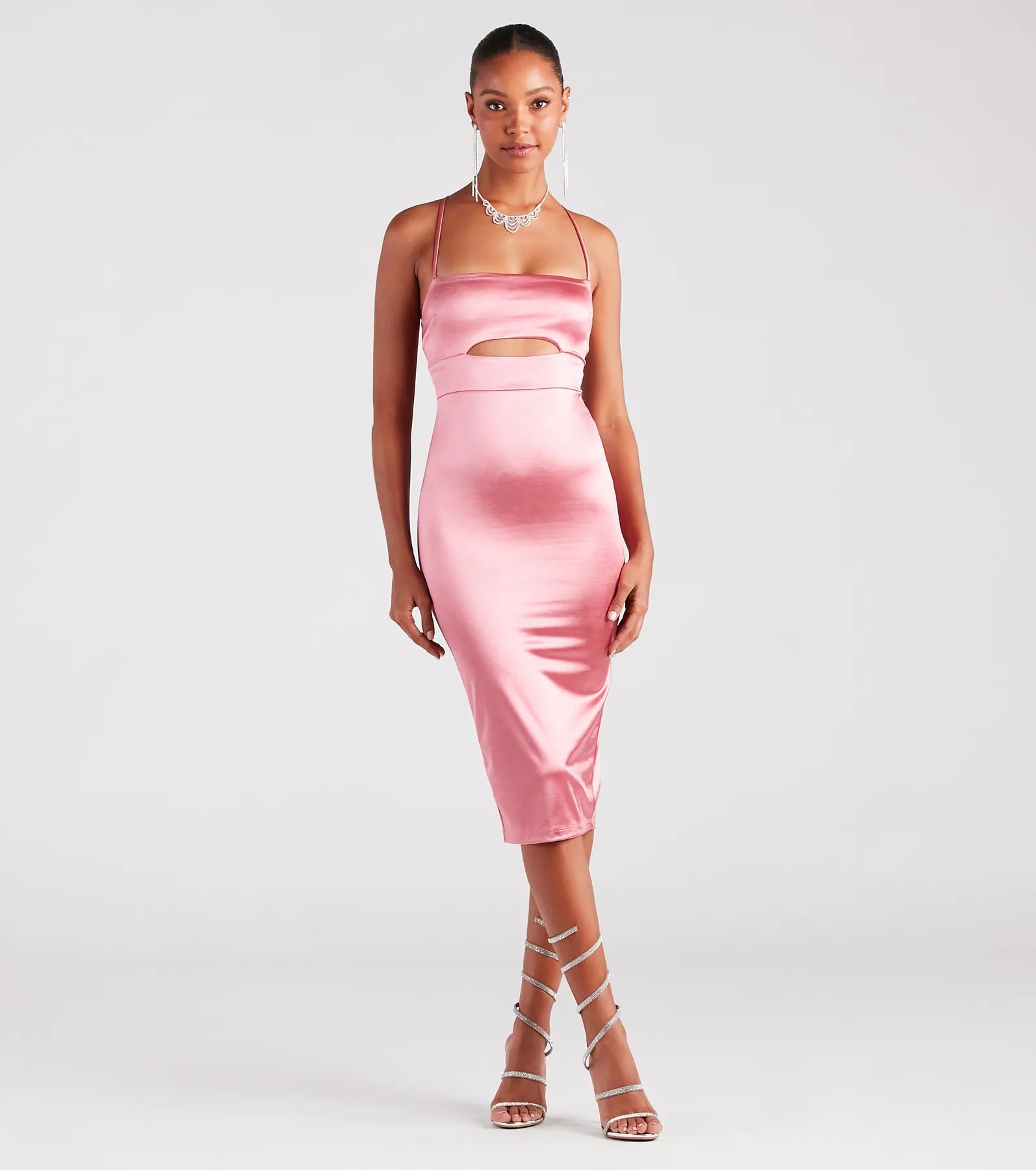 Step Out In Glamour Satin Lace-Up Midi Dress