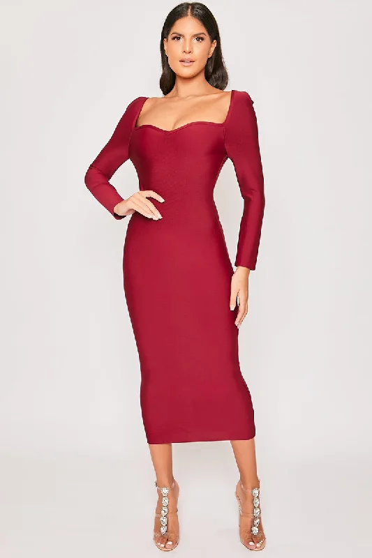 Farah - Wine Long Sleeve Bandage Midi Dress