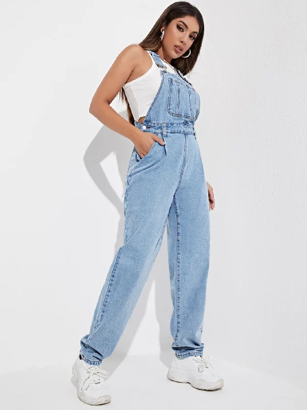 Casual Plain Washed Sleeveless Straps High Waist Long Women Denim Overalls