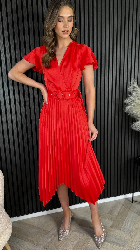 Bonnie Red Asymmetric Pleated Skirt Belted Midi Dress