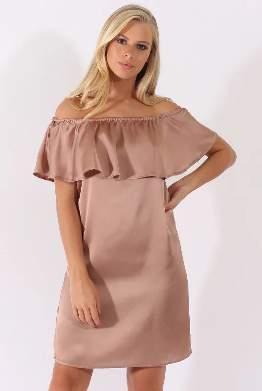 Blush Satin Bardot Frill Dress - Alura