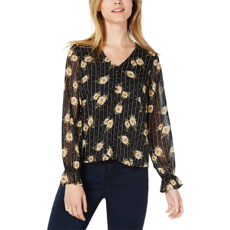 Maison Jules Womens Sheer-Sleeve Floral Tunic Blouse Elegant Women's Formal 