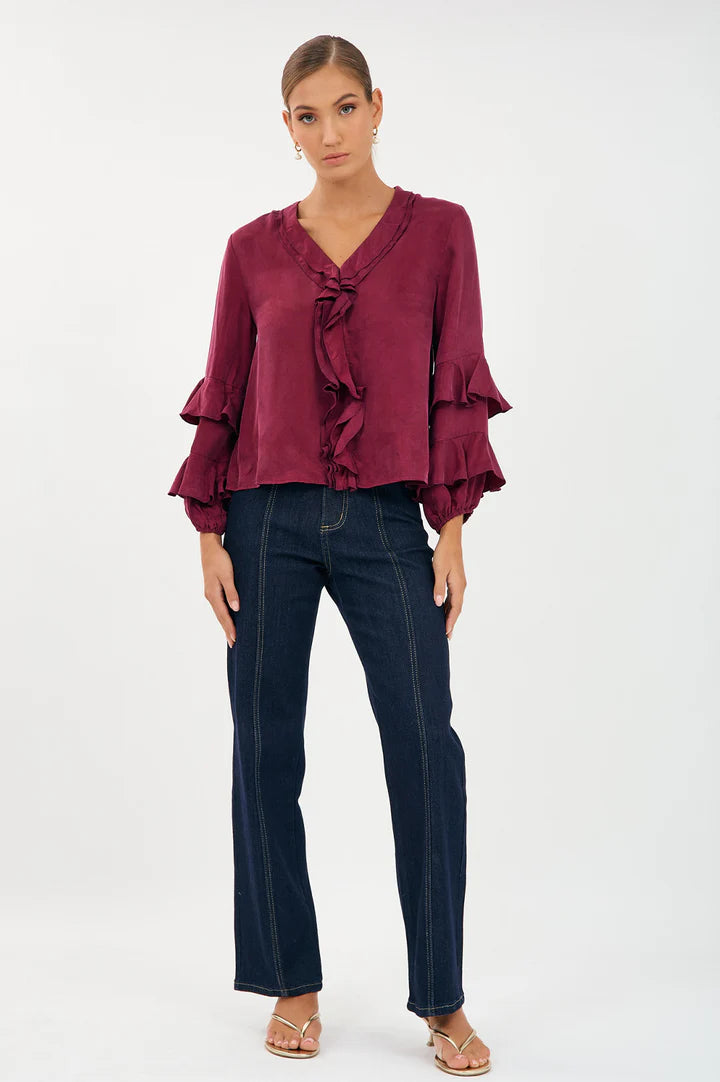 Marla Frilled Top - Burgundy Australian Beach